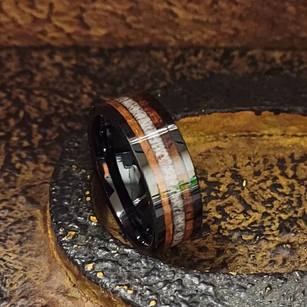 Personalized Engraved Men's Black Tungsten Wedding Ring Bone and Koa Wood